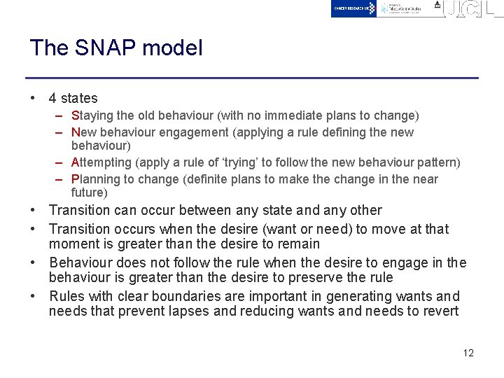 The SNAP model • 4 states – Staying the old behaviour (with no immediate