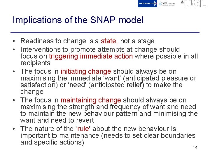 Implications of the SNAP model • Readiness to change is a state, not a