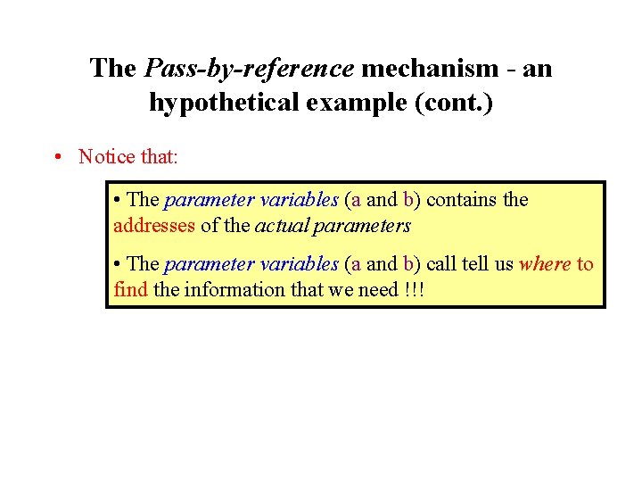 The Pass-by-reference mechanism - an hypothetical example (cont. ) • Notice that: • The
