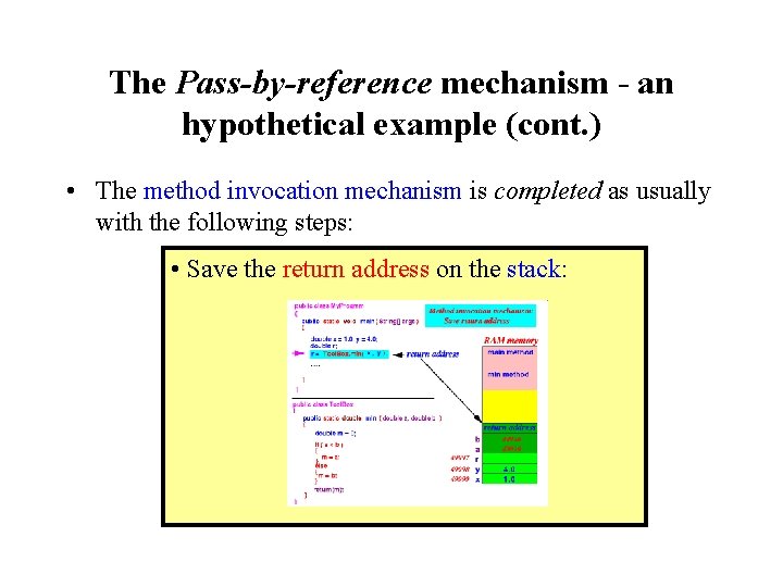 The Pass-by-reference mechanism - an hypothetical example (cont. ) • The method invocation mechanism