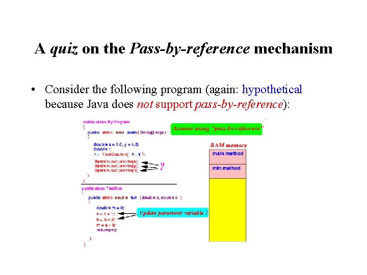 A quiz on the Pass-by-reference mechanism • Consider the following program (again: hypothetical because