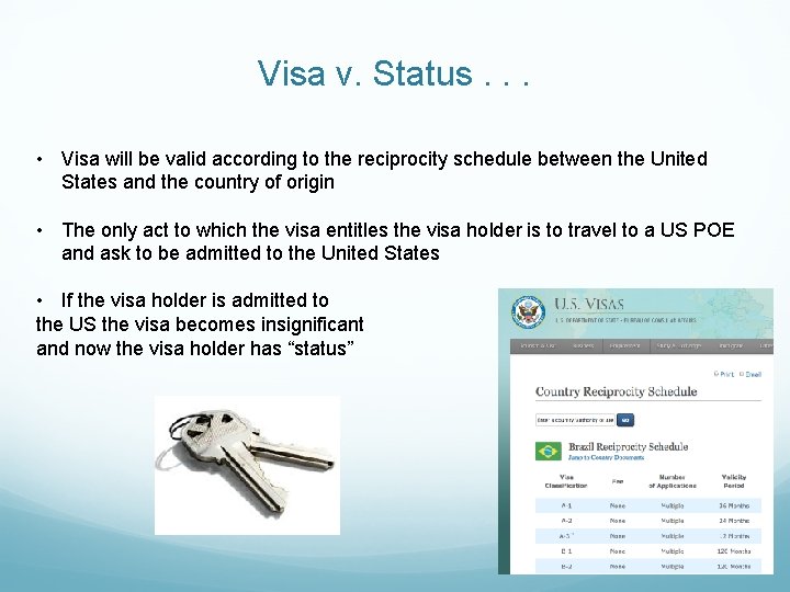 Visa v. Status. . . • Visa will be valid according to the reciprocity