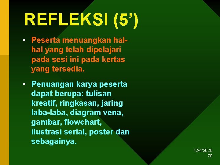 REFLEKSI (5’) • Peserta menuangkan hal yang telah dipelajari pada sesi ini pada kertas