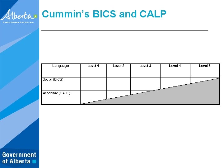 Cummin’s BICS and CALP Language Social (BICS) Academic (CALP) Level 1 Level 2 Level