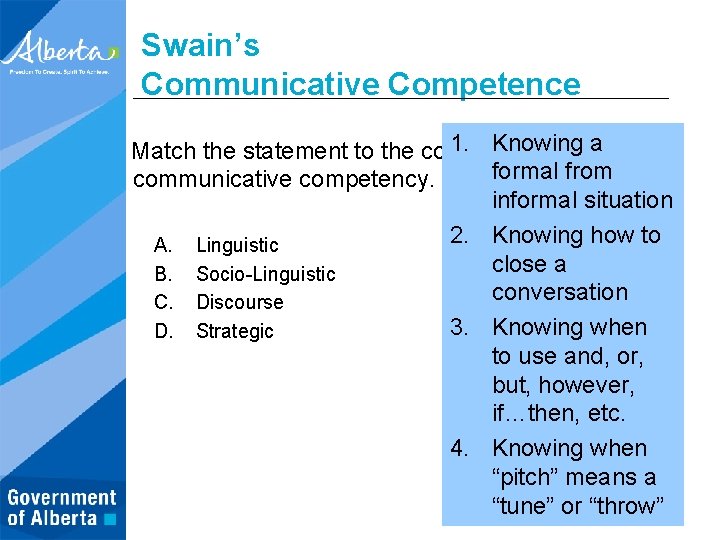 Swain’s Communicative Competence 1. Knowing a Match the statement to the correct formal from