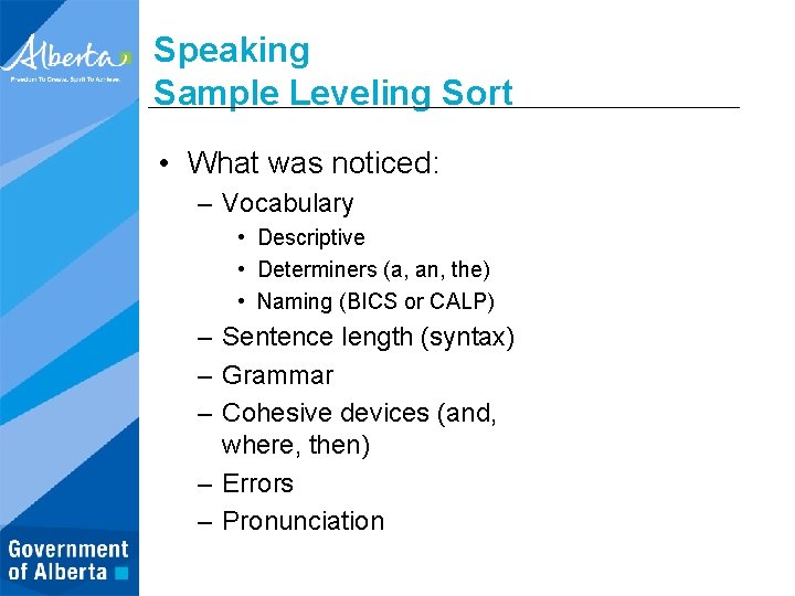 Speaking Sample Leveling Sort • What was noticed: – Vocabulary • Descriptive • Determiners