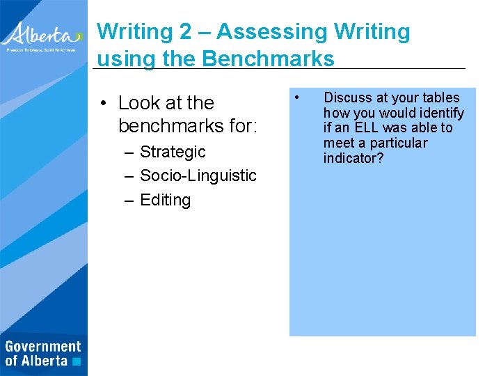 Writing 2 – Assessing Writing using the Benchmarks • Look at the benchmarks for: