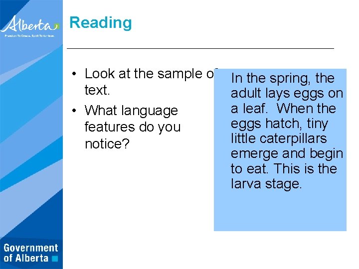 Reading • Look at the sample of text. • What language features do you