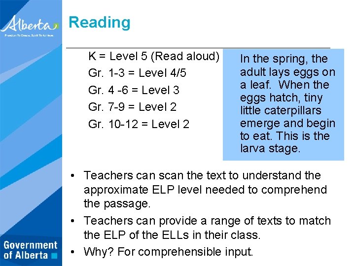 Reading K = Level 5 (Read aloud) Gr. 1 -3 = Level 4/5 Gr.