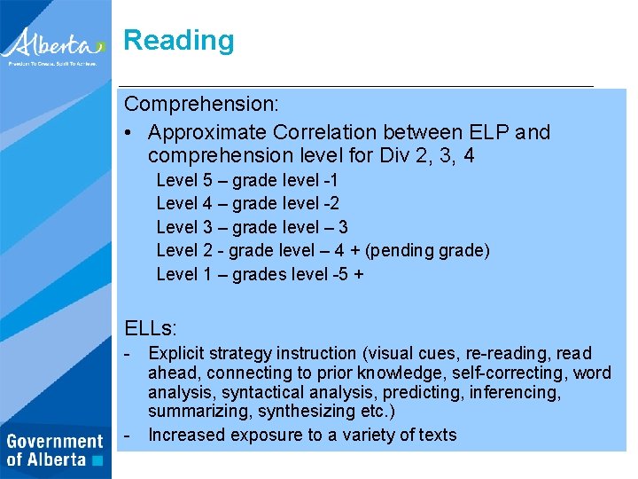 Reading Comprehension: • Approximate Correlation between ELP and comprehension level for Div 2, 3,