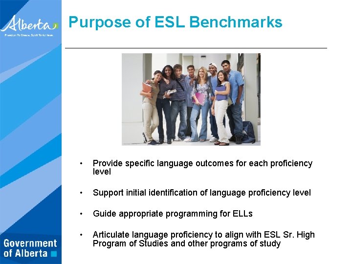 Purpose of ESL Benchmarks • Provide specific language outcomes for each proficiency level •