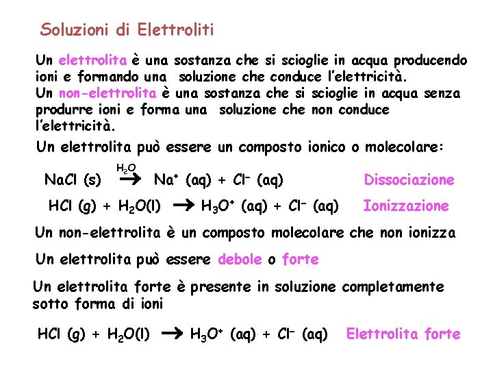 Soluzioni di Elettroliti Un elettrolita è una sostanza che si scioglie in acqua producendo