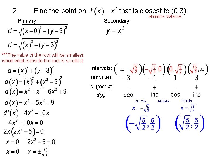 2. Find the point on Primary that is closest to (0, 3). Minimize distance