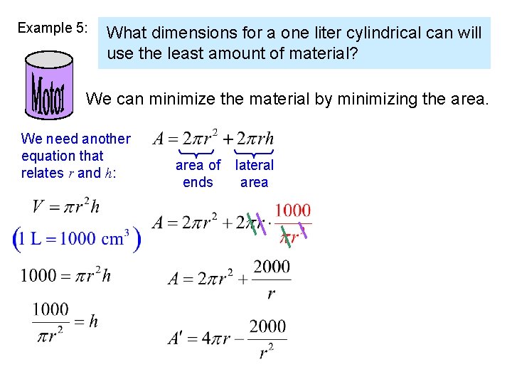 Example 5: What dimensions for a one liter cylindrical can will use the least