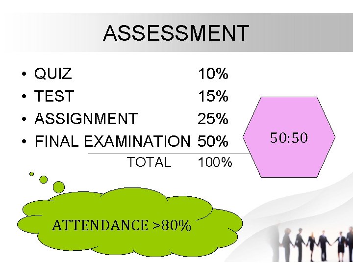 ASSESSMENT • • QUIZ TEST ASSIGNMENT FINAL EXAMINATION TOTAL ATTENDANCE >80% 15% 25% 50%