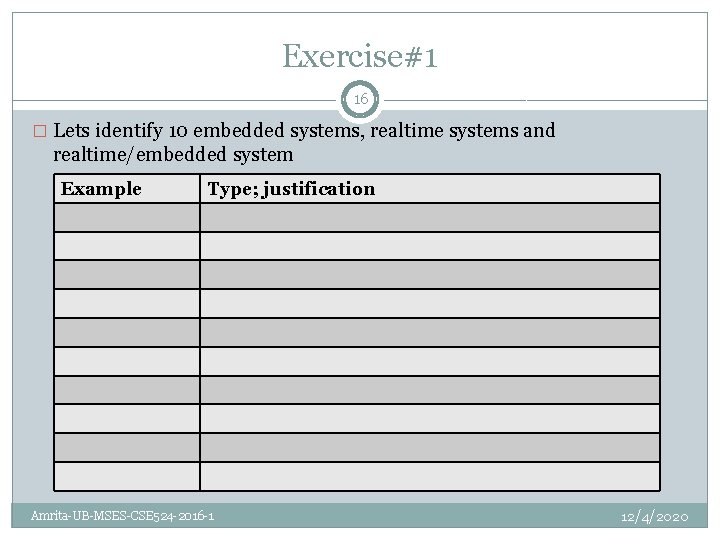 Exercise#1 16 � Lets identify 10 embedded systems, realtime systems and realtime/embedded system Example