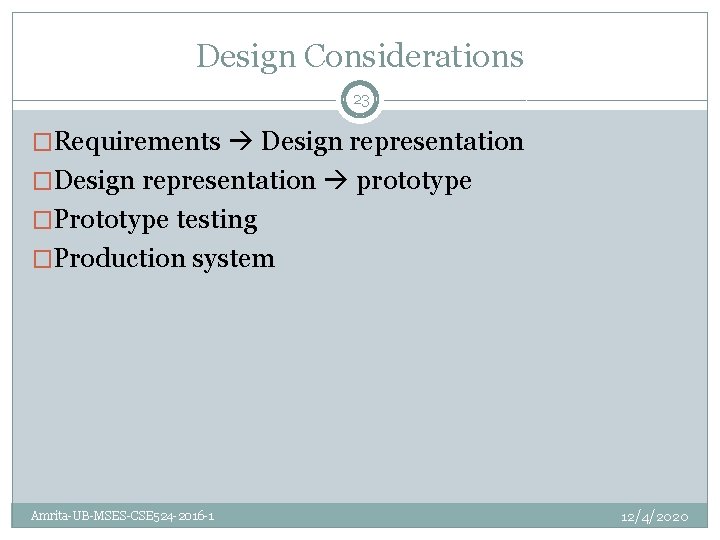 Design Considerations 23 �Requirements Design representation �Design representation prototype �Prototype testing �Production system Amrita-UB-MSES-CSE