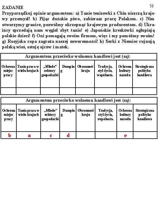58 ZADANIE Przyporządkuj opinie argumentom: a) Tanie tenisowki z Chin niszczą krajowy przemysł! b)