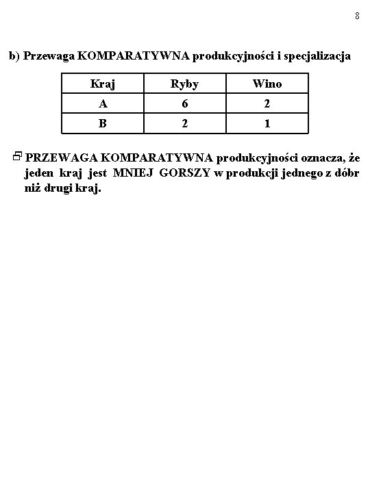 8 b) Przewaga KOMPARATYWNA produkcyjności i specjalizacja Kraj Ryby Wino A 6 2 B