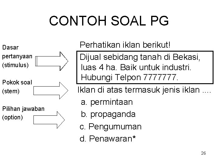 CONTOH SOAL PG Dasar pertanyaan (stimulus) Pokok soal (stem) Pilihan jawaban (option) Perhatikan iklan