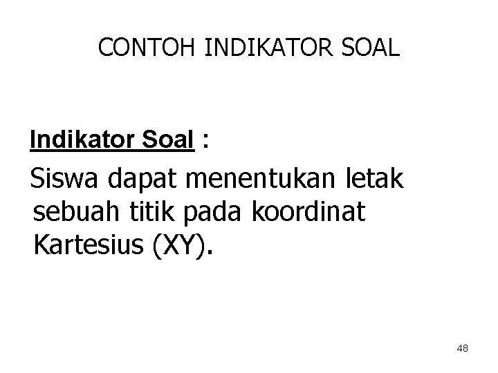 CONTOH INDIKATOR SOAL Indikator Soal : Siswa dapat menentukan letak sebuah titik pada koordinat