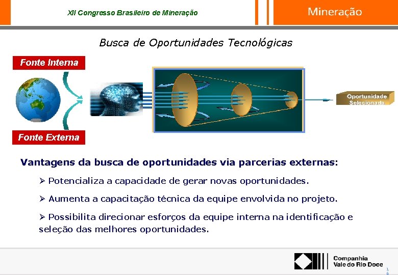 XII Congresso Brasileiro de Mineração Busca de Oportunidades Tecnológicas Fonte Interna Fonte Externa Vantagens