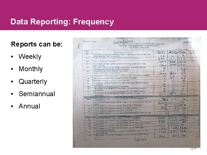 Data Reporting: Frequency Reports can be: • Weekly • Monthly • Quarterly • Semiannual