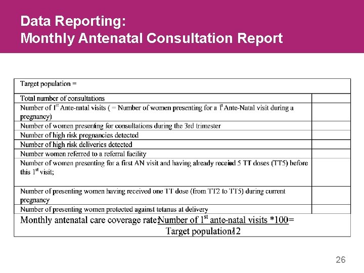 Data Reporting: Monthly Antenatal Consultation Report 26 