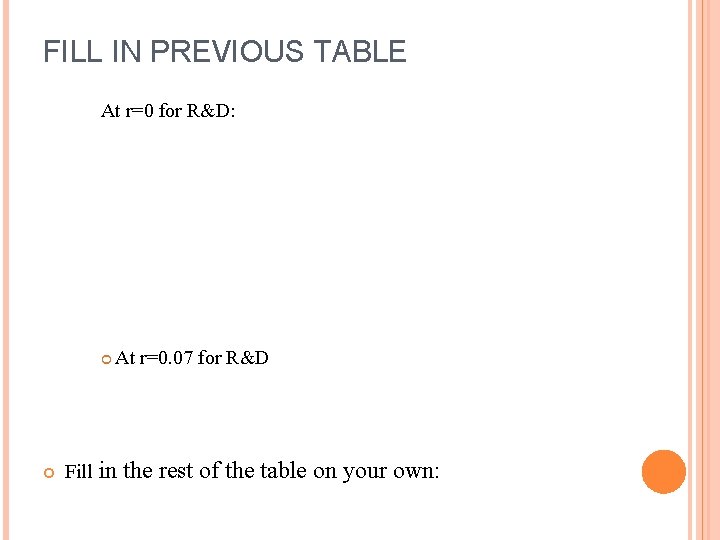 FILL IN PREVIOUS TABLE At r=0 for R&D: At r=0. 07 for R&D Fill FILL IN PREVIOUS TABLE At r=0 for R&D: At r=0. 07 for R&D Fill