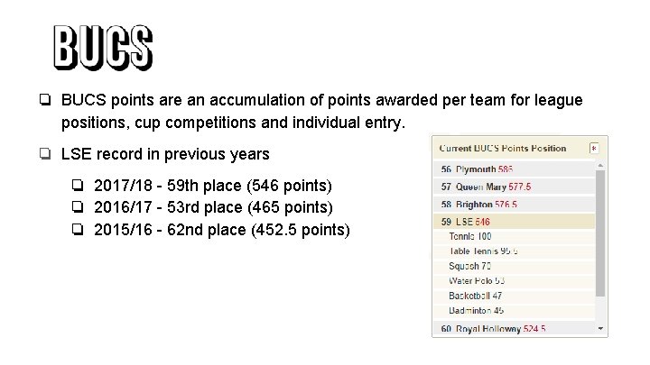 ❏ BUCS points are an accumulation of points awarded per team for league positions, ❏ BUCS points are an accumulation of points awarded per team for league positions,