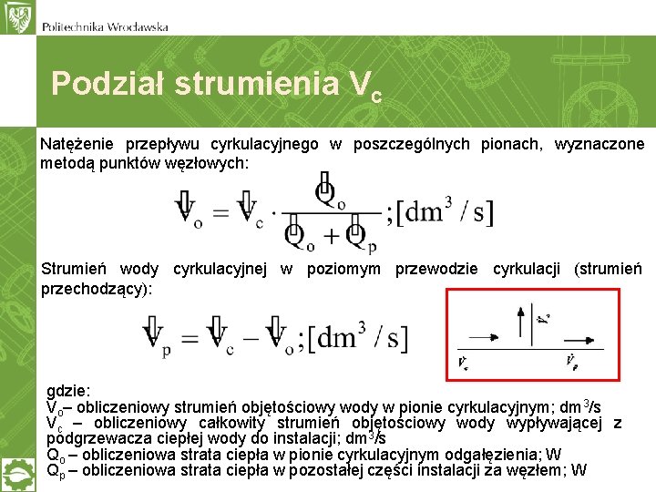 Podział strumienia Vc Natężenie przepływu cyrkulacyjnego w poszczególnych pionach, wyznaczone metodą punktów węzłowych: Strumień