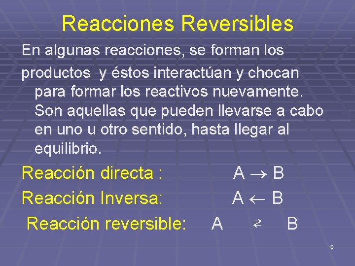 Reacciones Reversibles En algunas reacciones, se forman los productos y éstos interactúan y chocan