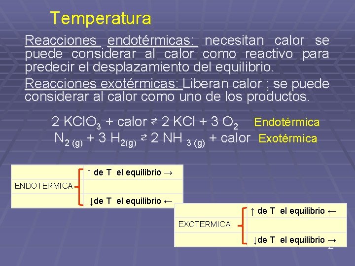 Temperatura Reacciones endotérmicas: necesitan calor se puede considerar al calor como reactivo para predecir