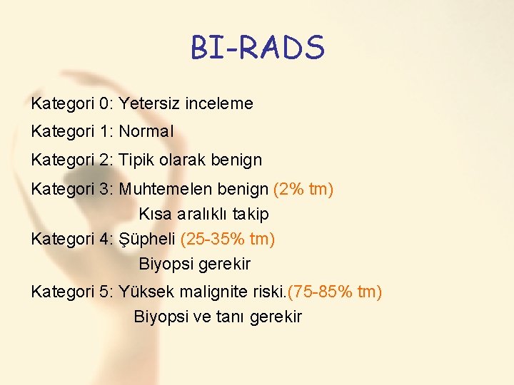 BI-RADS Kategori 0: Yetersiz inceleme Kategori 1: Normal Kategori 2: Tipik olarak benign Kategori
