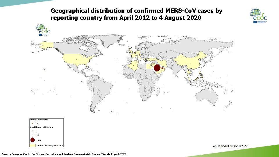 Geographical distribution of confirmed MERS-Co. V cases by reporting country from April 2012 to