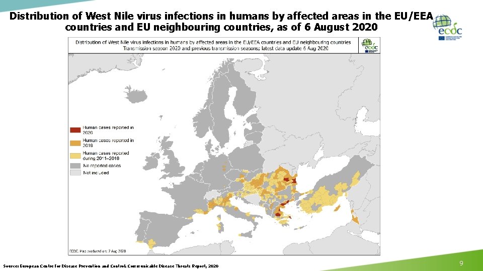 Distribution of West Nile virus infections in humans by affected areas in the EU/EEA