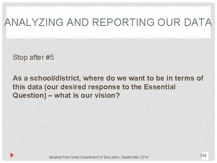 ANALYZING AND REPORTING OUR DATA Stop after #5 As a school/district, where do we