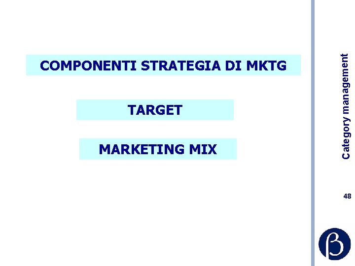 TARGET MARKETING MIX Category management COMPONENTI STRATEGIA DI MKTG 48 