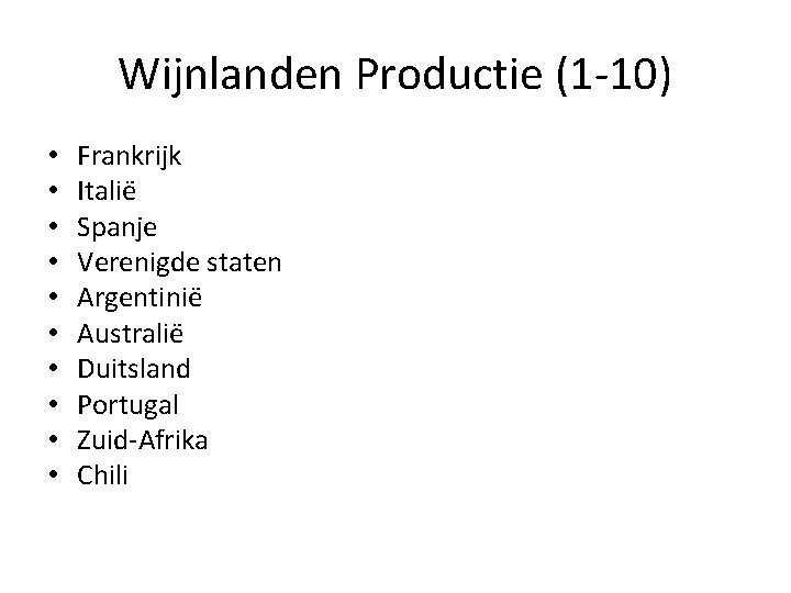 Wijnlanden Productie (1 -10) • • • Frankrijk Italië Spanje Verenigde staten Argentinië Australië