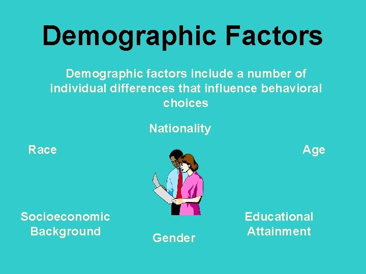 Demographic Factors Demographic factors include a number of individual differences that influence behavioral choices