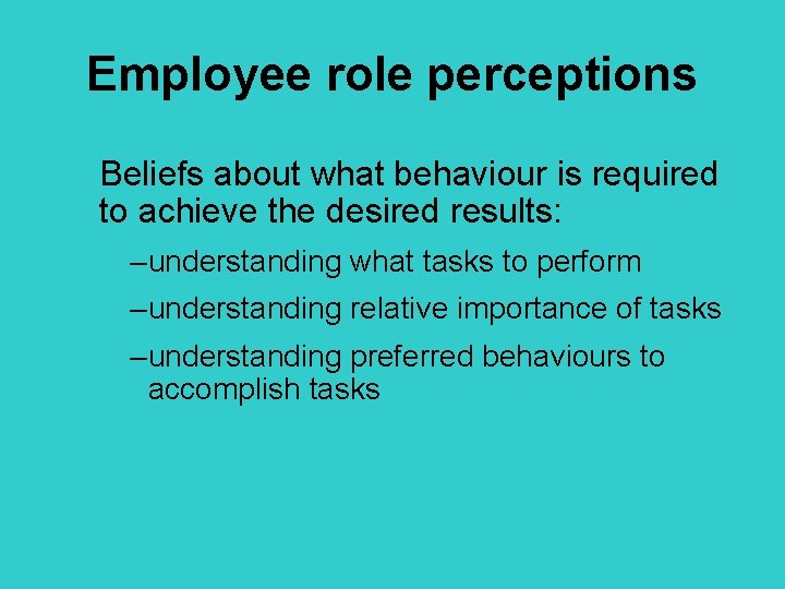 Employee role perceptions Beliefs about what behaviour is required to achieve the desired results: