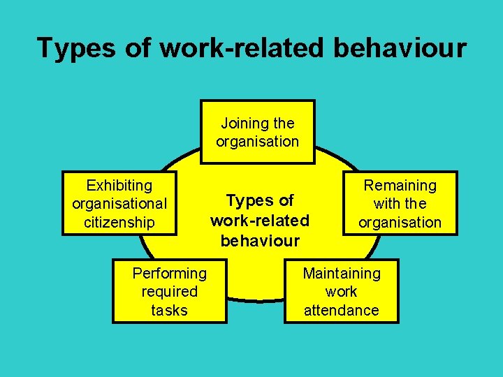 Types of work-related behaviour Joining the organisation Exhibiting organisational citizenship Performing required tasks Types