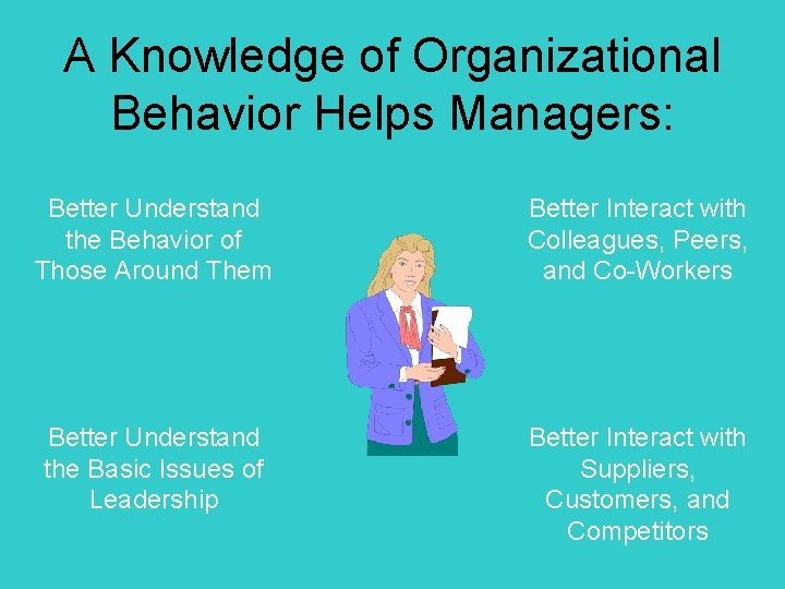 A Knowledge of Organizational Behavior Helps Managers: Better Understand the Behavior of Those Around