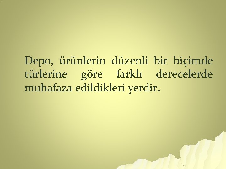 Depo, ürünlerin düzenli bir biçimde türlerine göre farklı derecelerde muhafaza edildikleri yerdir. 