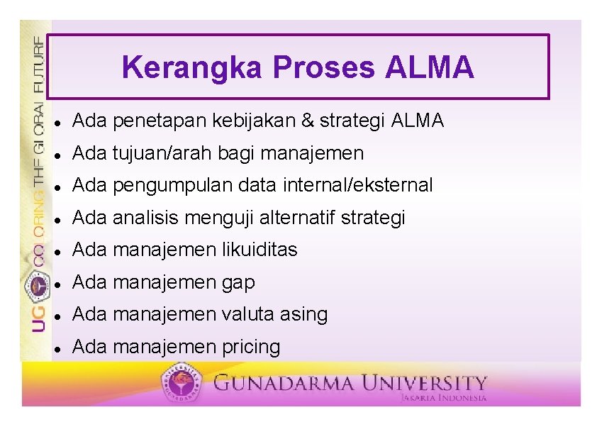 Kerangka Proses ALMA Ada penetapan kebijakan & strategi ALMA Ada tujuan/arah bagi manajemen Ada