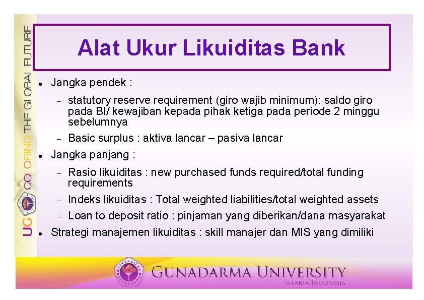 Alat Ukur Likuiditas Bank Jangka pendek : statutory reserve requirement (giro wajib minimum): saldo