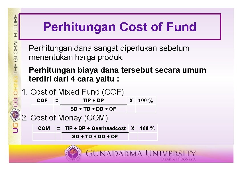 Perhitungan Cost of Fund Perhitungan dana sangat diperlukan sebelum menentukan harga produk. Perhitungan biaya