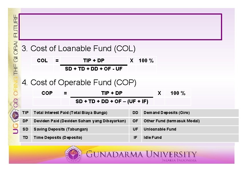 3. Cost of Loanable Fund (COL) COL = TIP + DP X 100 %