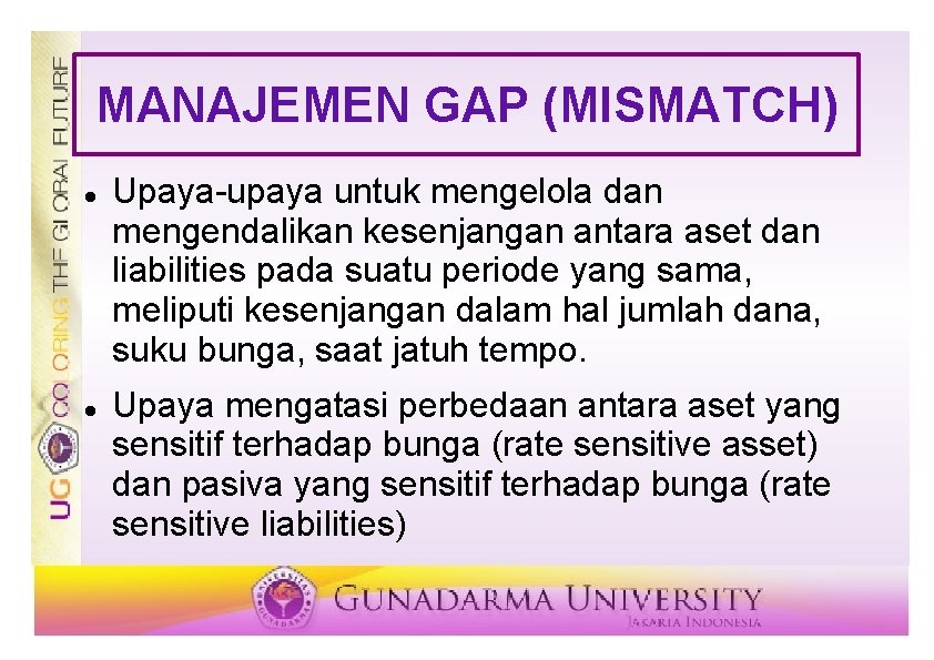 MANAJEMEN GAP (MISMATCH) Upaya-upaya untuk mengelola dan mengendalikan kesenjangan antara aset dan liabilities pada