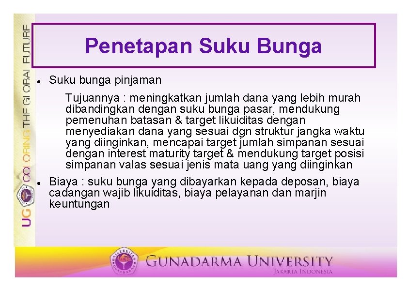 Penetapan Suku Bunga Suku bunga pinjaman Tujuannya : meningkatkan jumlah dana yang lebih murah